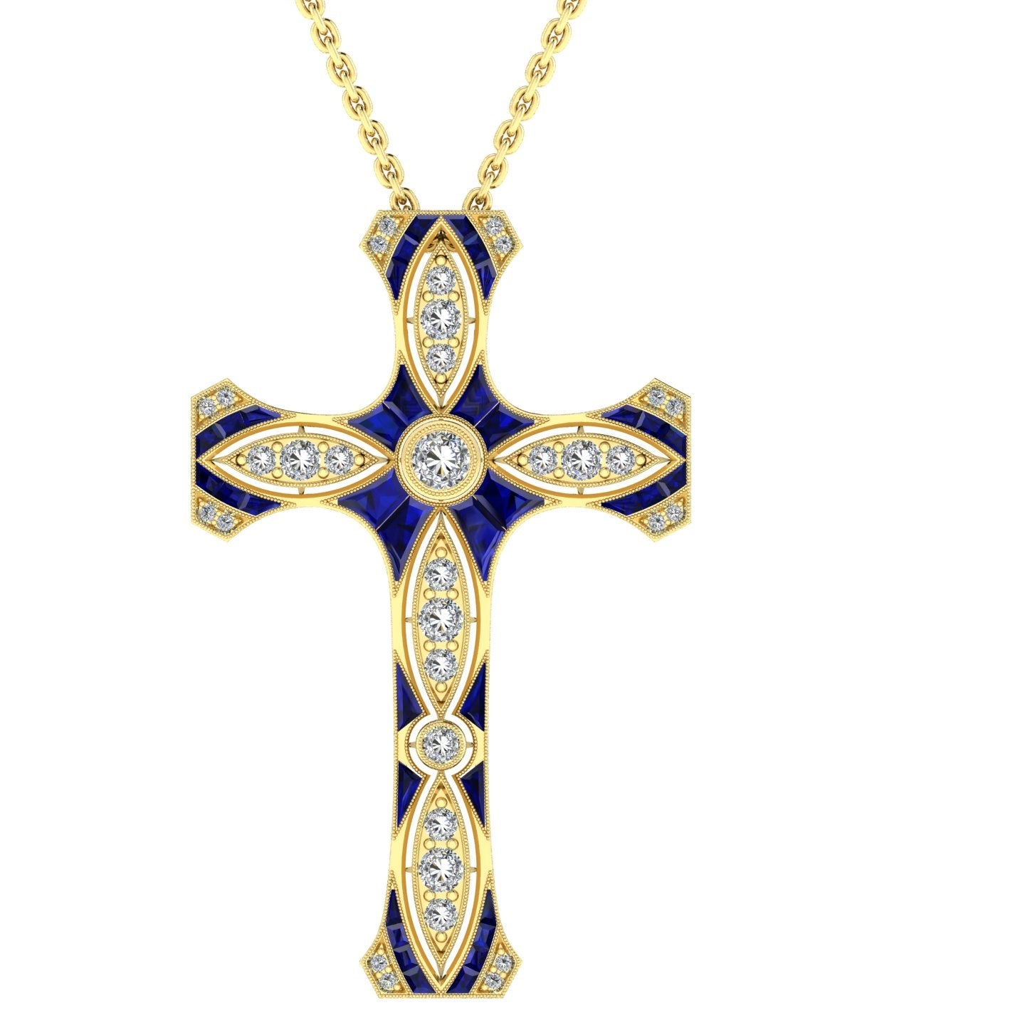 Blue Sapphire and Diamond Cross Pendant with Milgrain by Jolie Designs