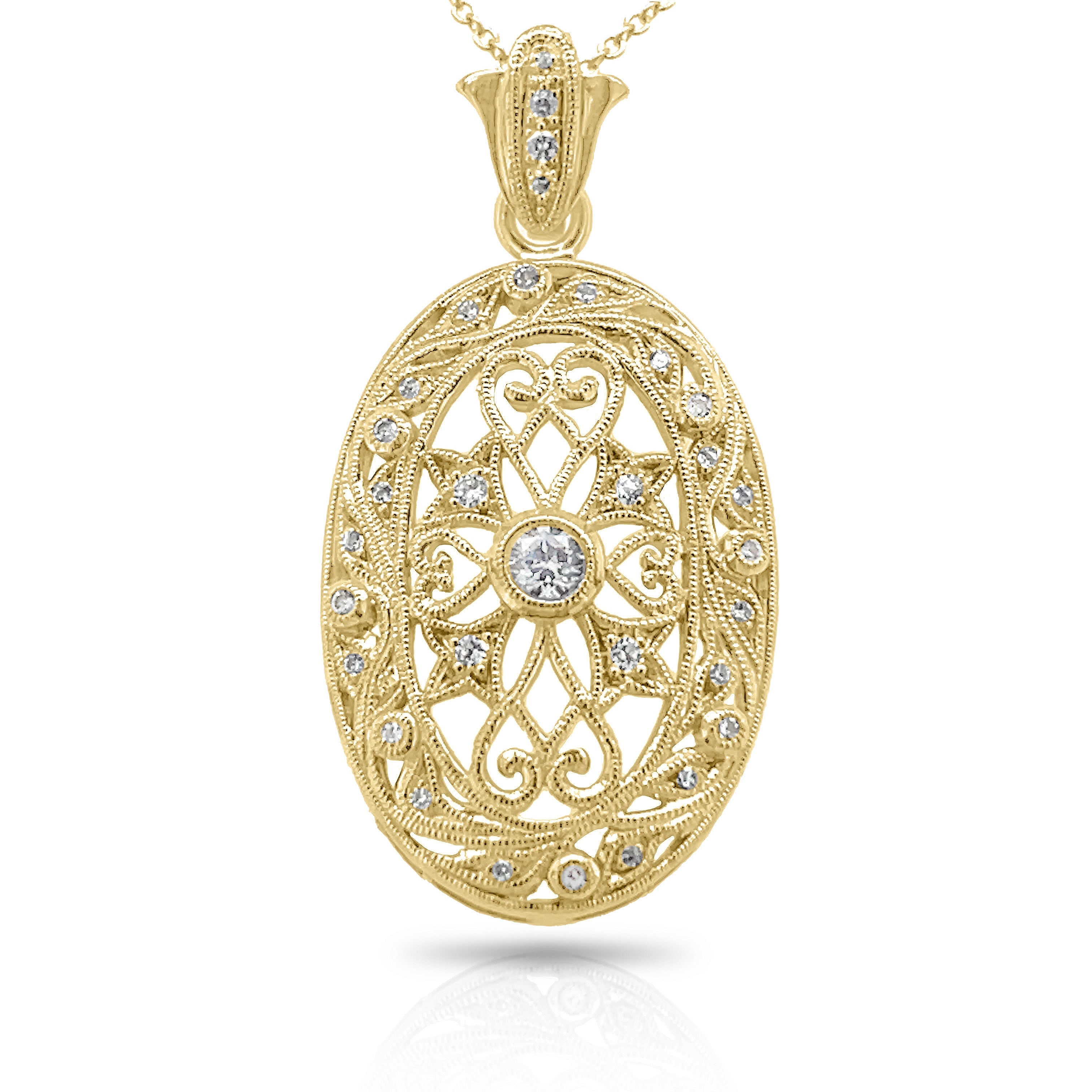 Oval Fleur de Lis and Leaf Diamond Pendant with Milgrain by Jolie Designs