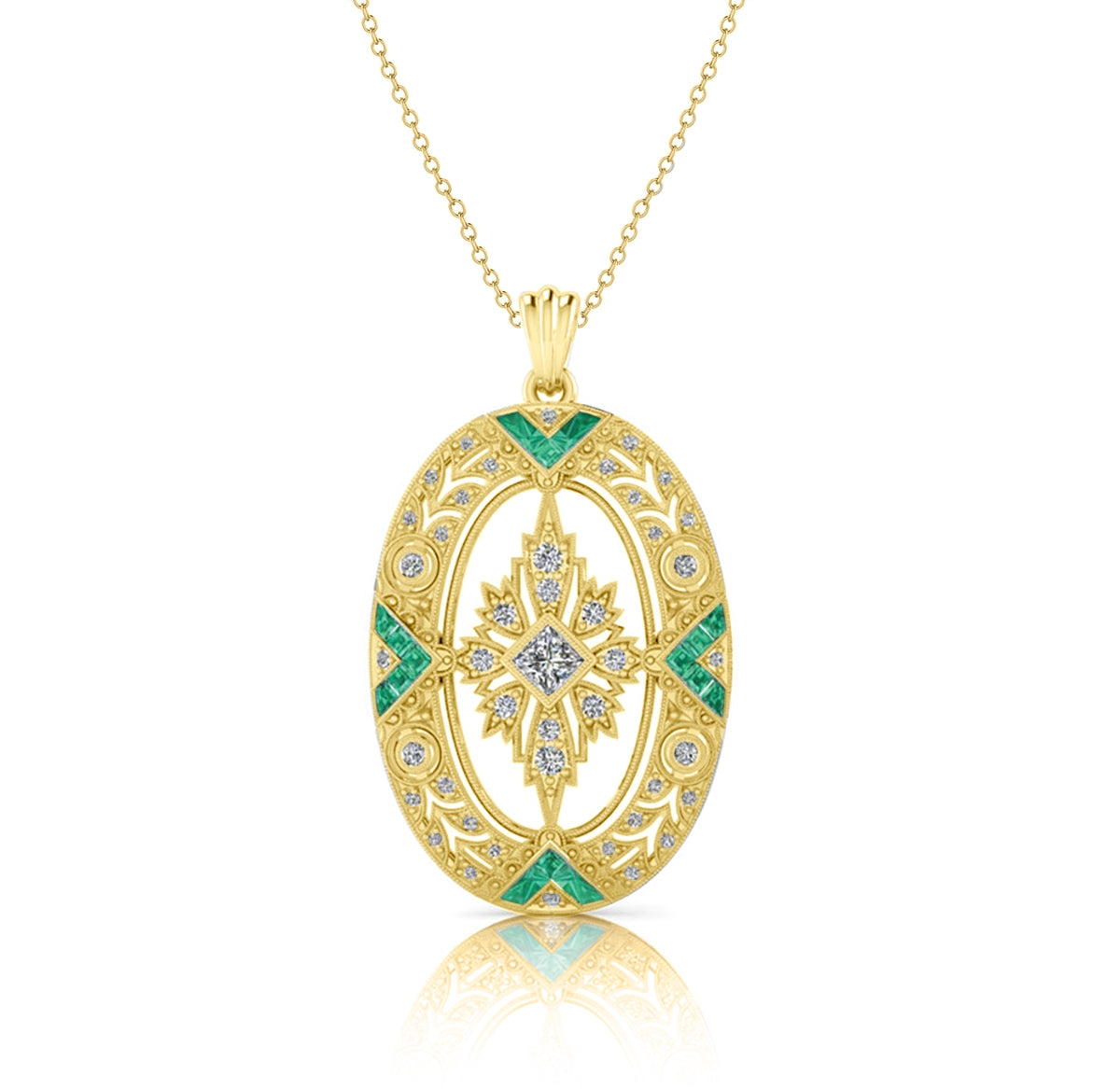 Vintage Inspired Oval Emerald and Diamond Milgrain Pendant by Jolie Designs