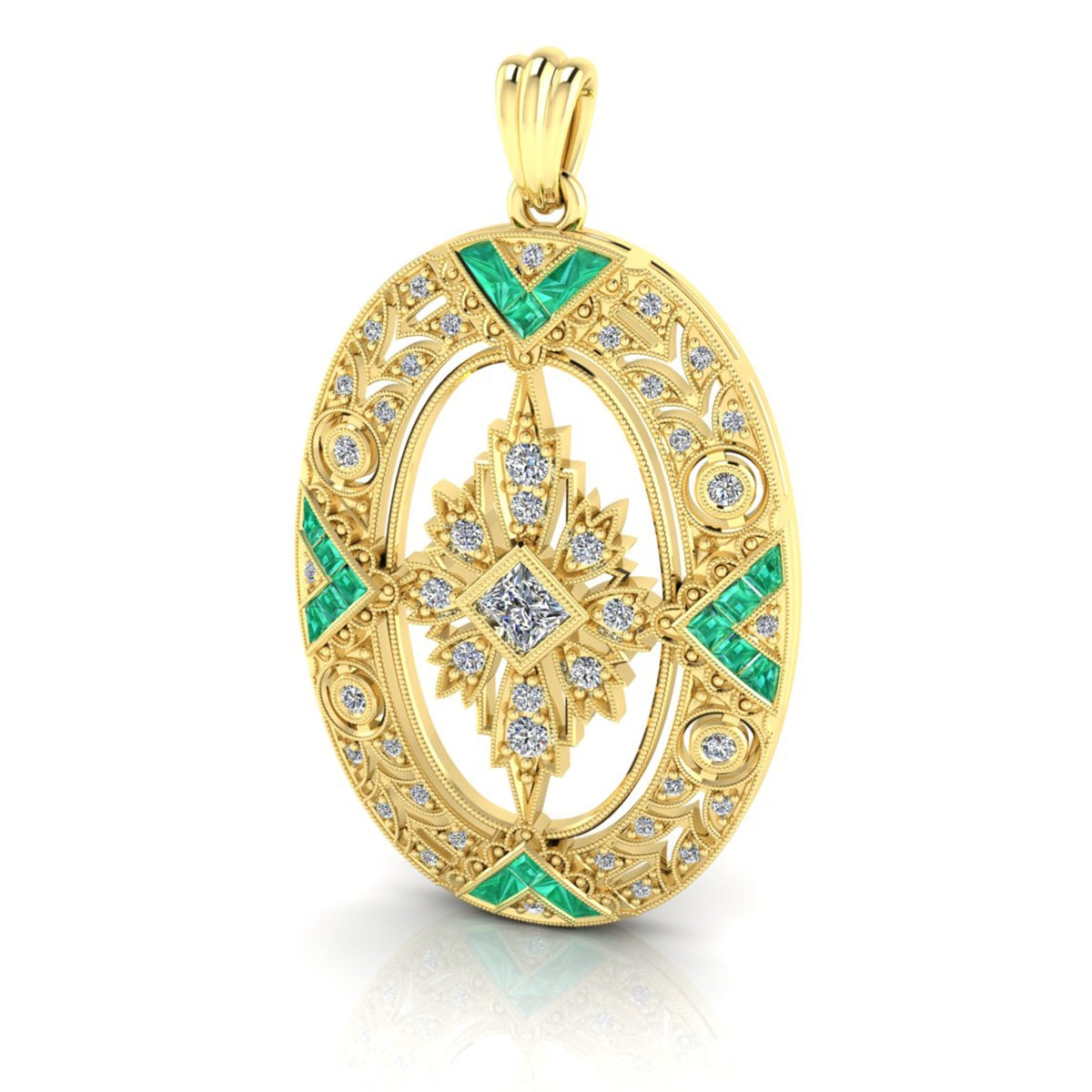 Vintage Inspired Oval Emerald and Diamond Milgrain Pendant by Jolie Designs