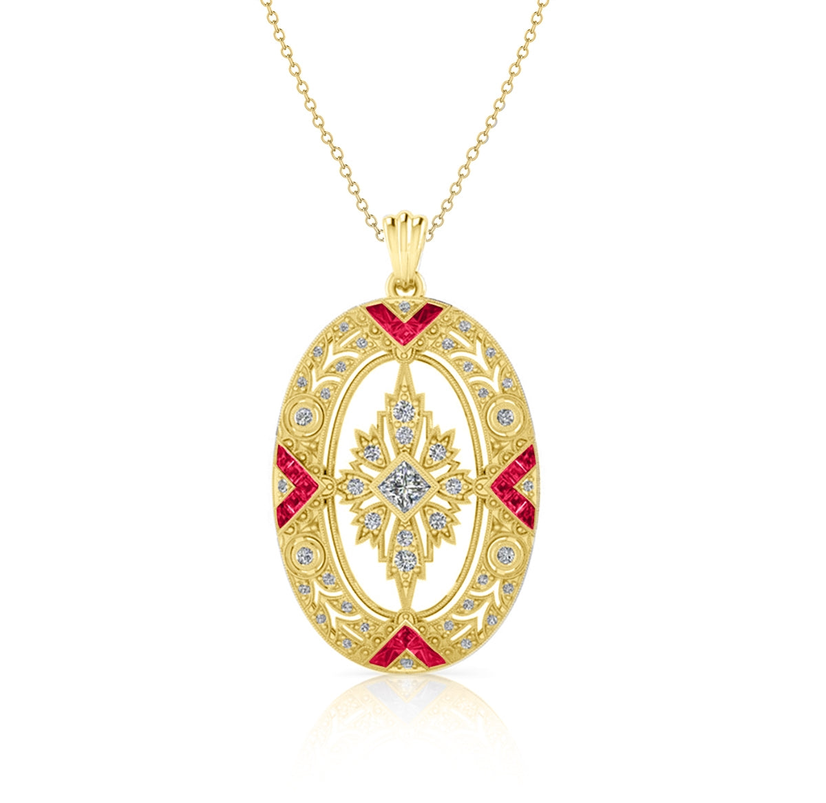 Vintage Inspired Custom Cut Ruby and Diamond Milgrain Pendant by Jolie Designs