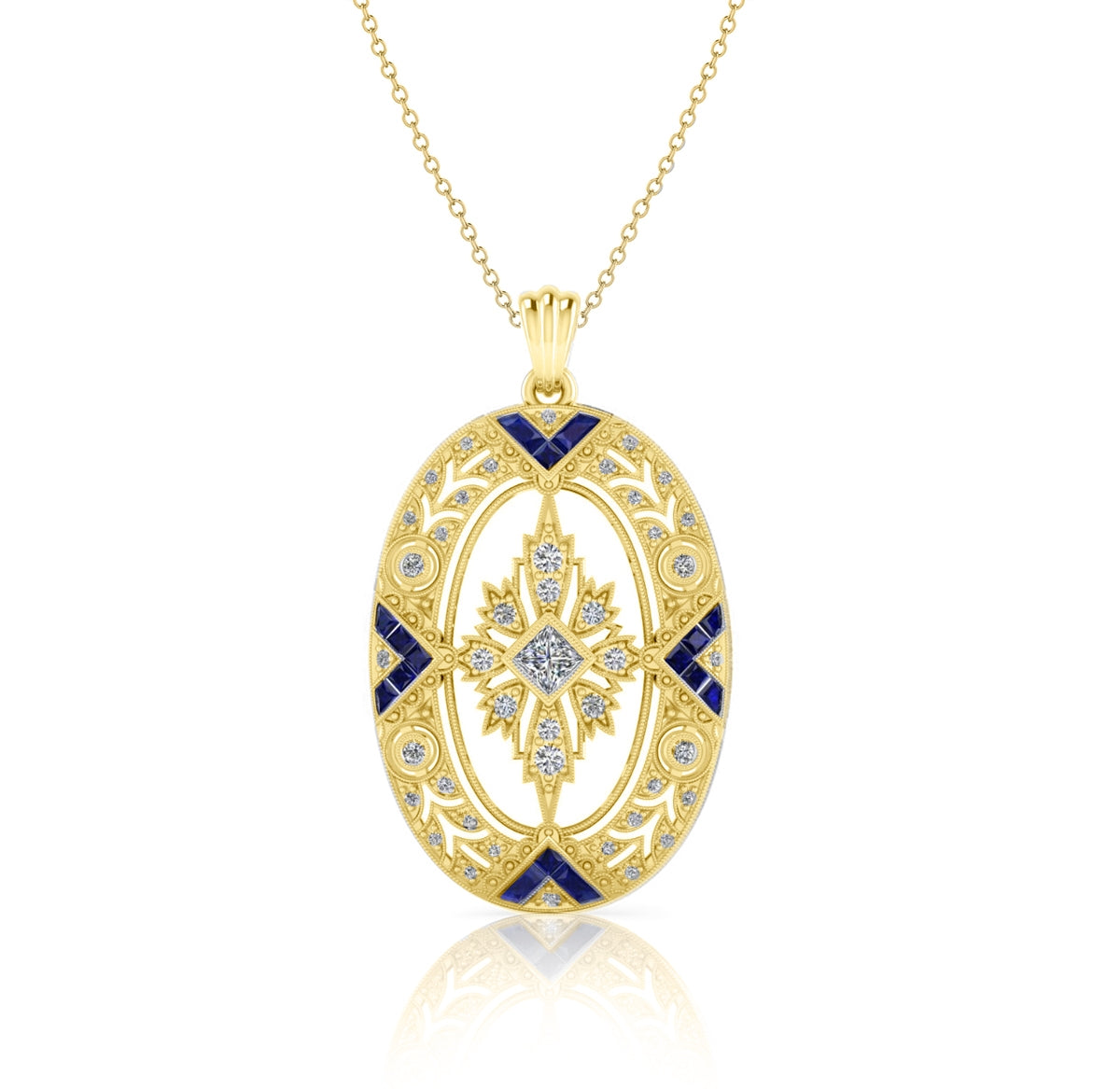 Vintage Inspired Oval Blue Sapphire and Diamond Milgrain Pendant by Jolie Designs