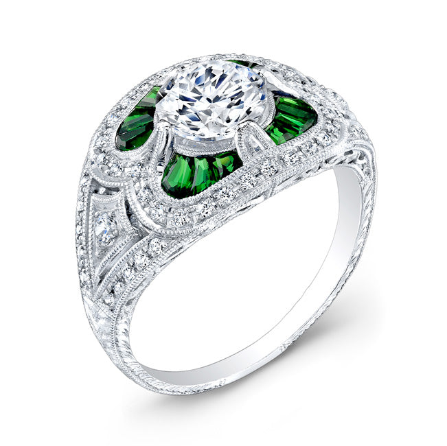 Antique Inspired Diamond and Custom Cut Tsavorite Engagement Ring by Jolie Designs