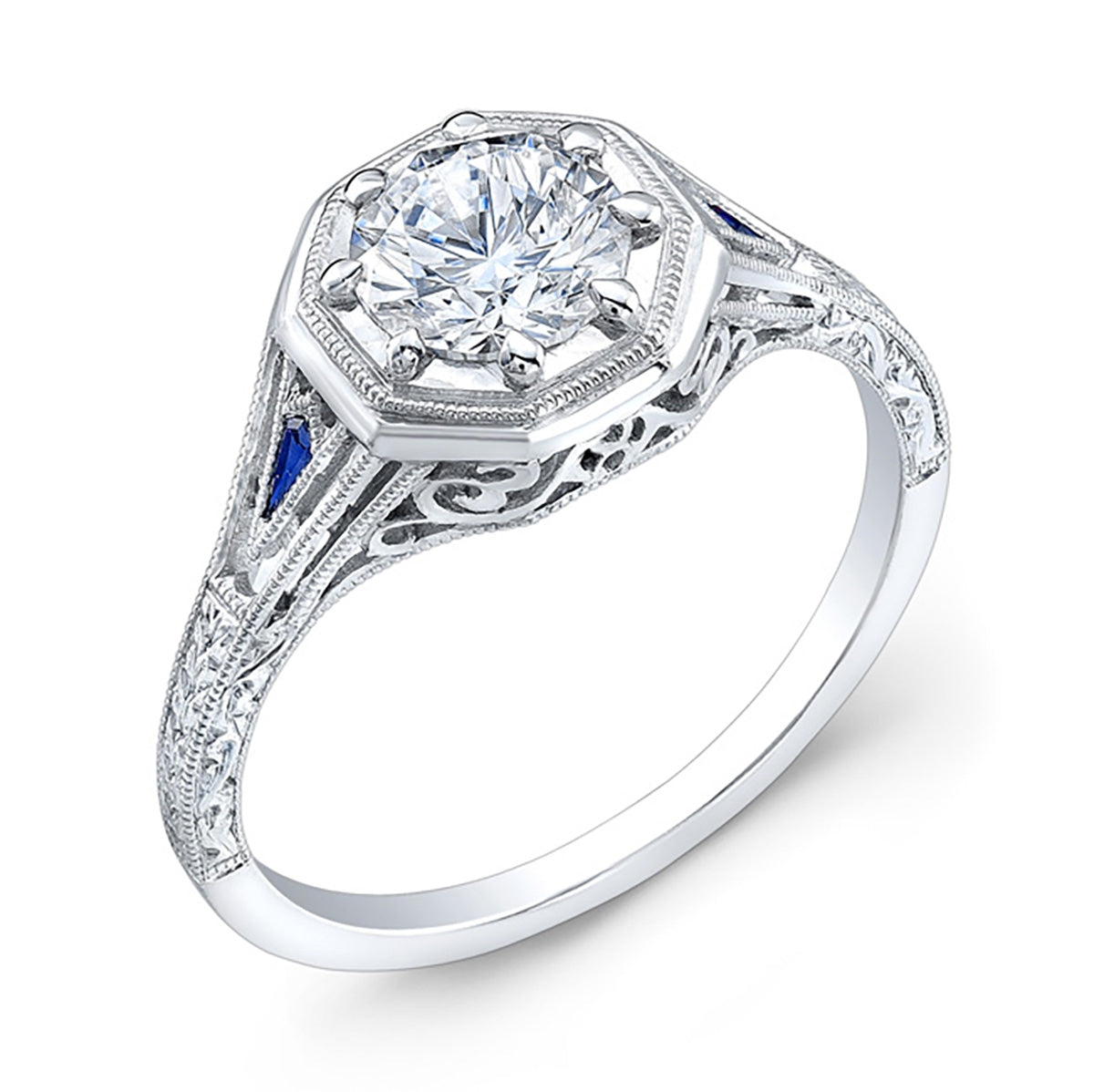 Antique Style Hand Engraved Custom Blue Sapphire Ring by Jolie Designs