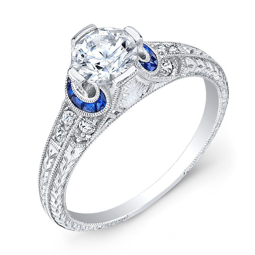 Antique Style Blue Sapphire and Diamond Engagement Ring Set by Jolie Designs