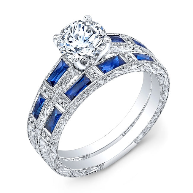 Hand Engraved Sapphire and Diamond Stackable Band by Jolie Designs