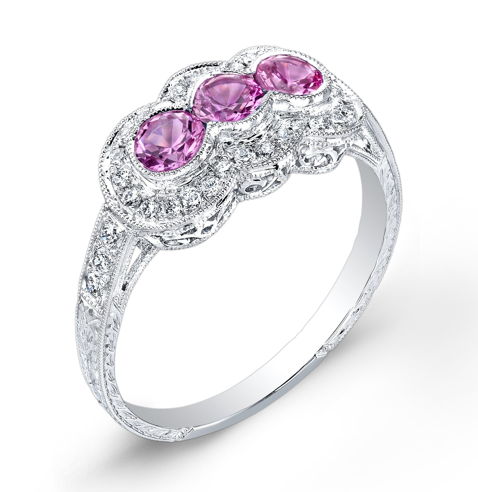 Antique Style Petite Three Stone Pink Sapphire Ring by Jolie Designs