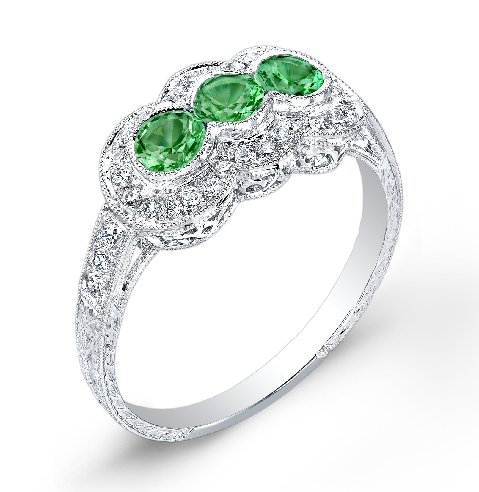 Antique Style Petite Three Stone Tsavorite Ring by Jolie Designs