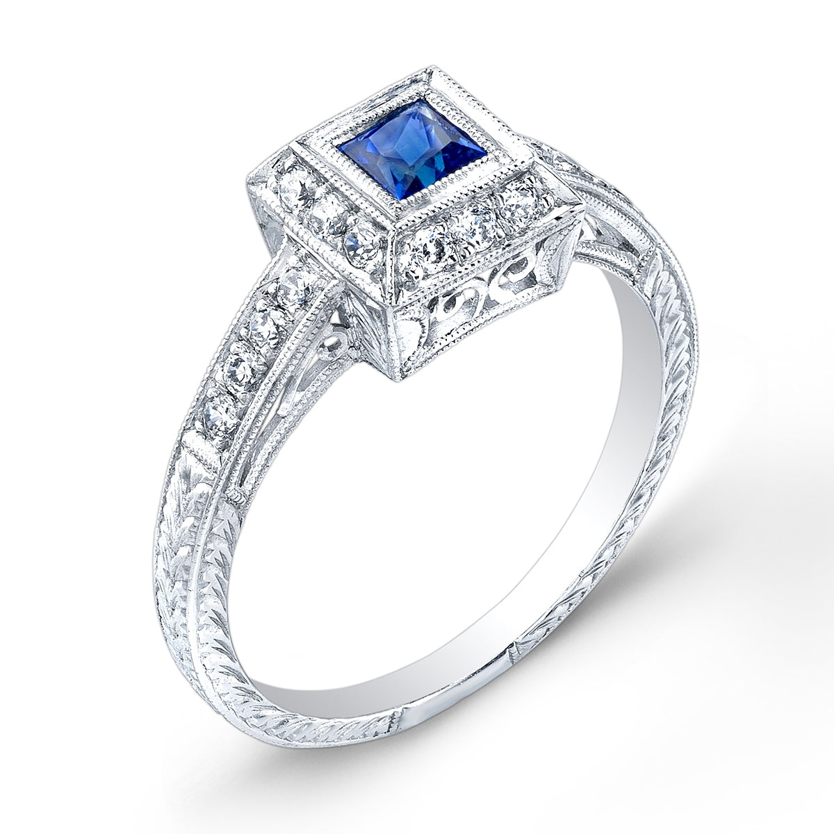 Princess Cut Blue Sapphire Diamond Halo Engagement Ring with Engraving by Jolie Designs