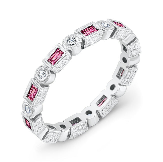 Jolie Designs Hand Engraved Pink Sapphire and Diamond Stackable Ring - R107DPS
