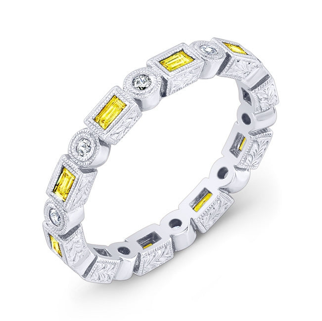 Hand Engraved Yellow Sapphire and Diamond Millgrain Ring by Jolie Designs