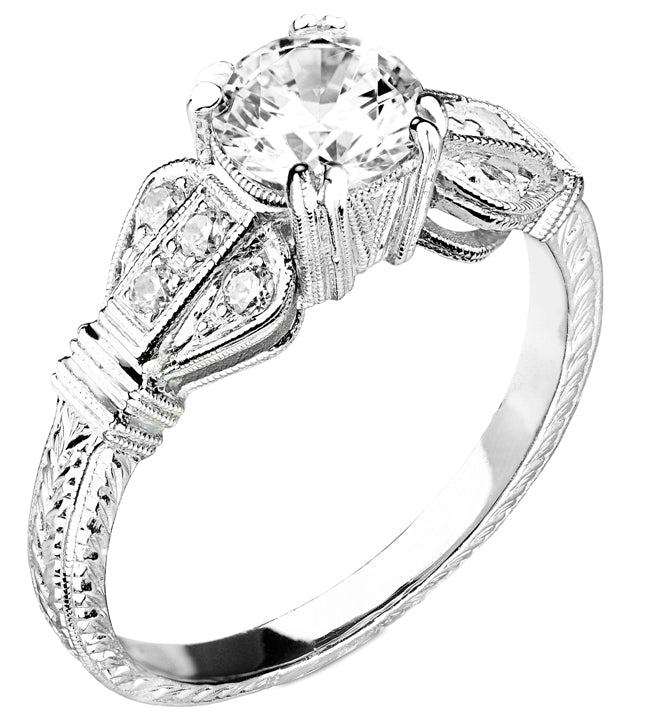 Art Deco Style Diamond Engagement Ring with Hand Engraved Details by Jolie Designs