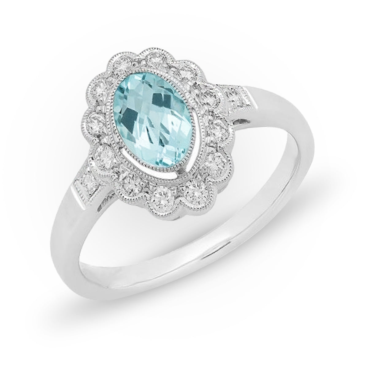Oval Aquamarine Scallop Halo Diamond Engagement Ring by Jolie Designs