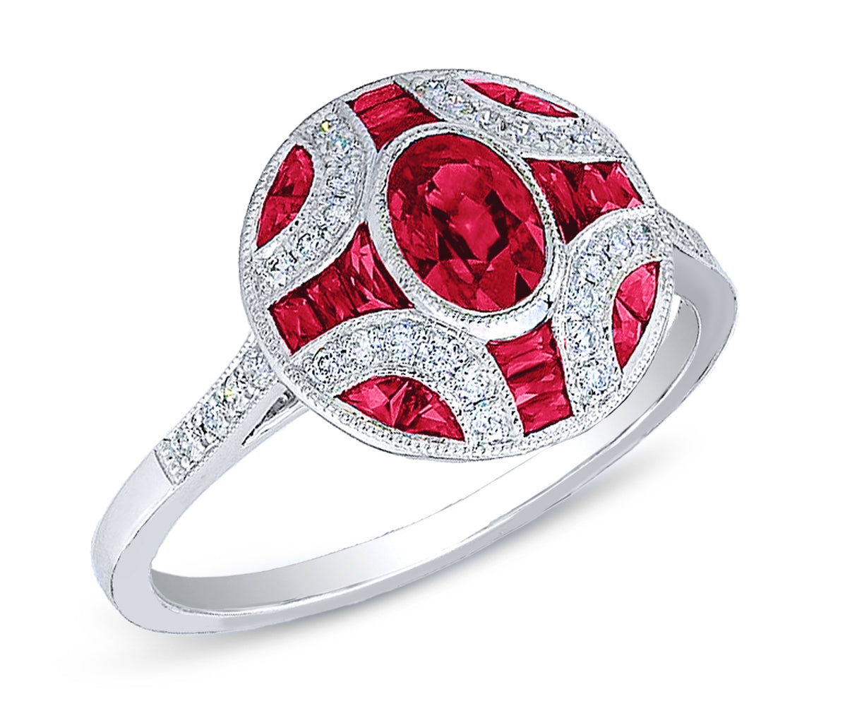 Art Deco Inspired Diamond & Custom Cut Ruby Ring by Jolie Designs