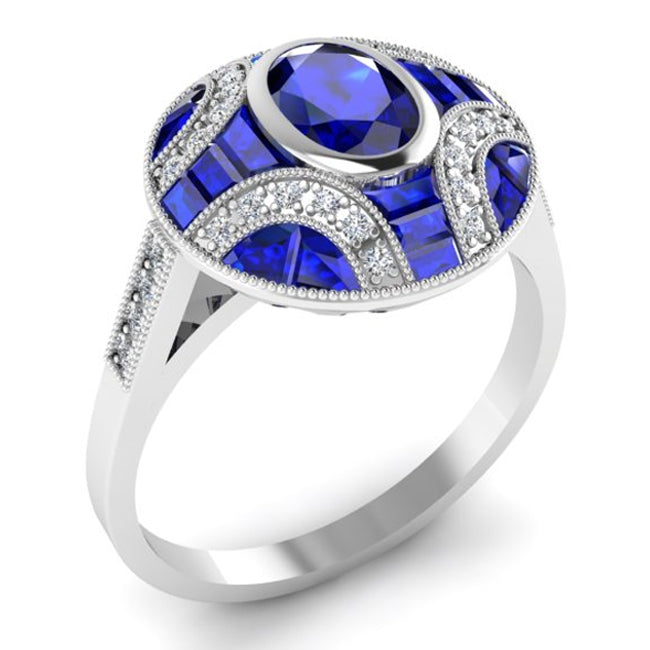 Art Deco Oval Blue Sapphire Ring with Custom Cut Accents by Jolie Designs