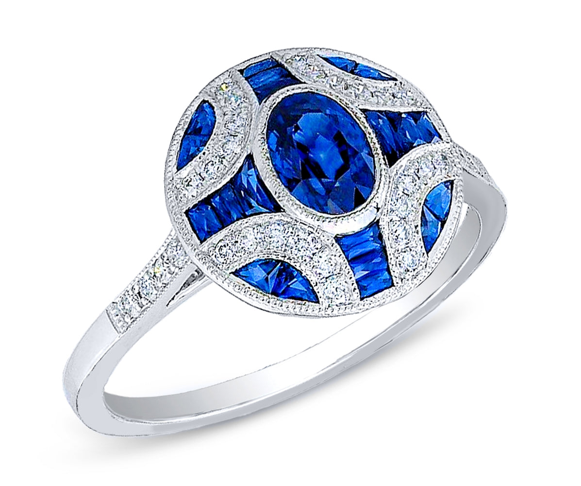 Art Deco Oval Blue Sapphire Ring with Custom Cut Accents by Jolie Designs