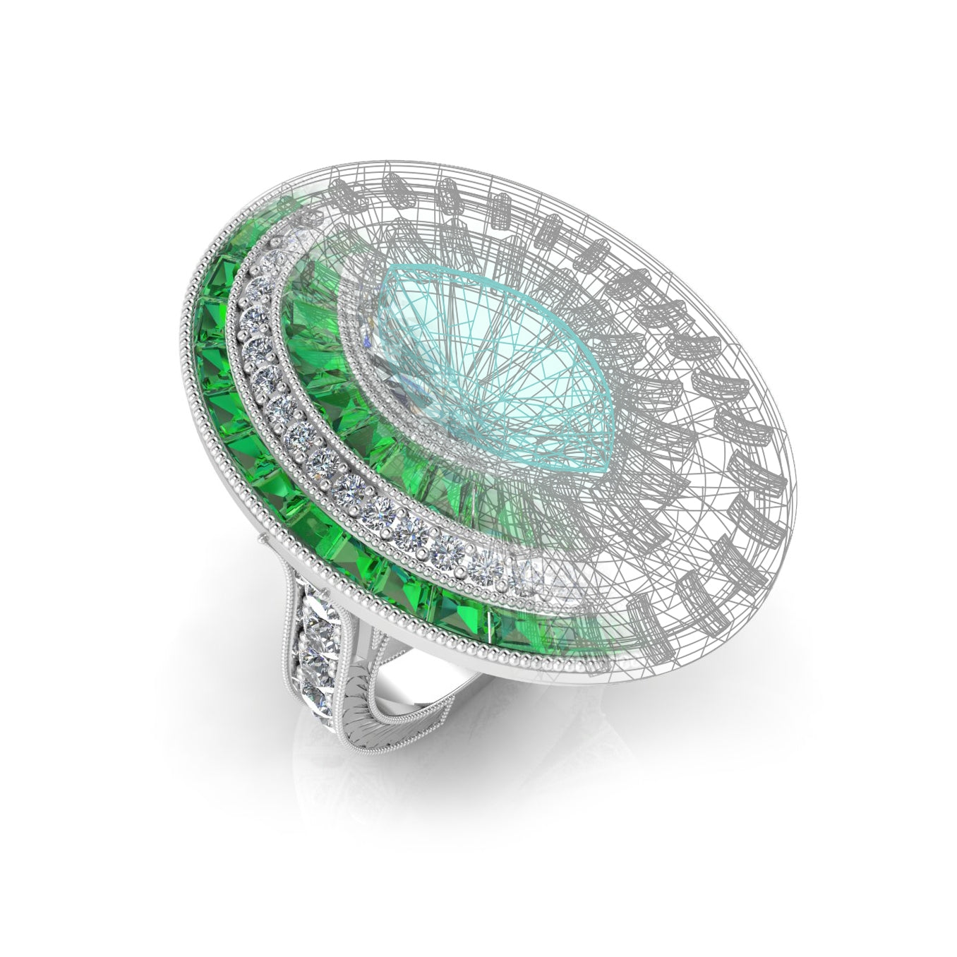 Art Deco Oval Tsavorite and Diamond Marquee Ring by Jolie Designs