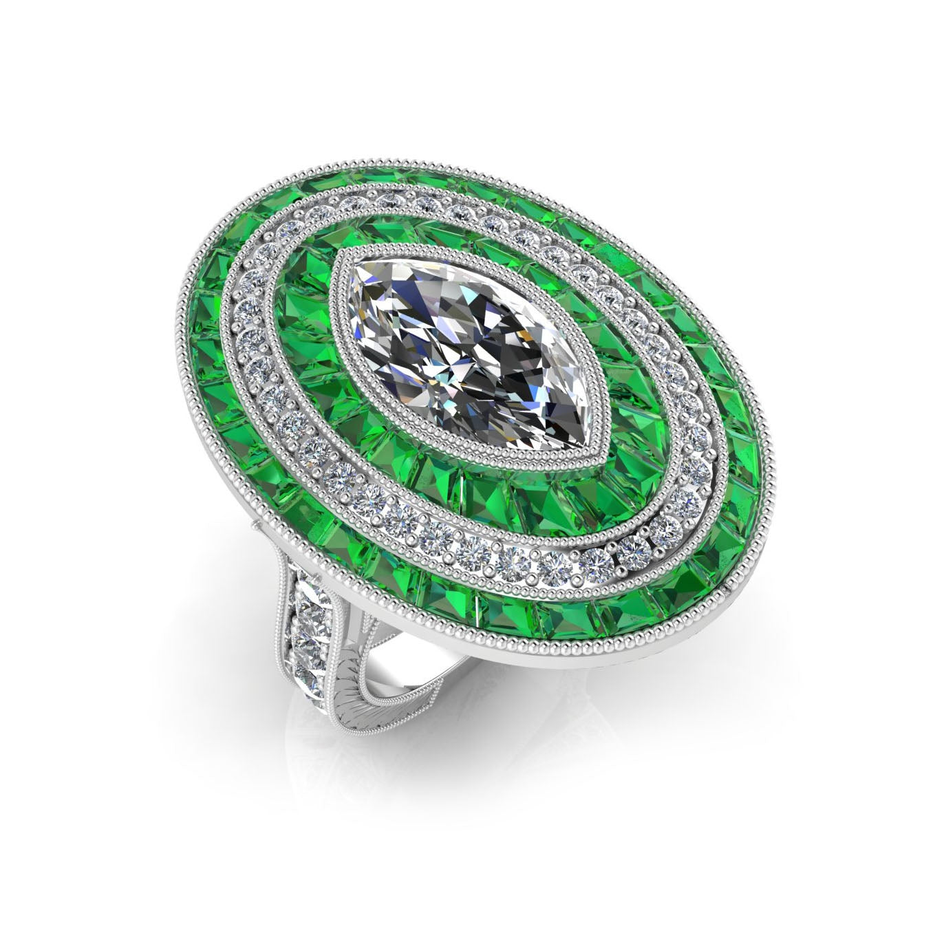Art Deco Oval Tsavorite and Diamond Marquee Ring by Jolie Designs