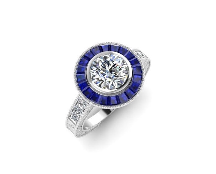 Art Deco Inspired Blue Sapphire and White Gold Engraved Ring by Jolie Designs