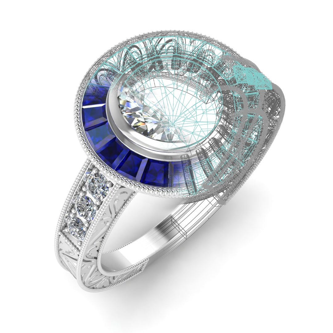 Art Deco Inspired Blue Sapphire and White Gold Engraved Ring by Jolie Designs