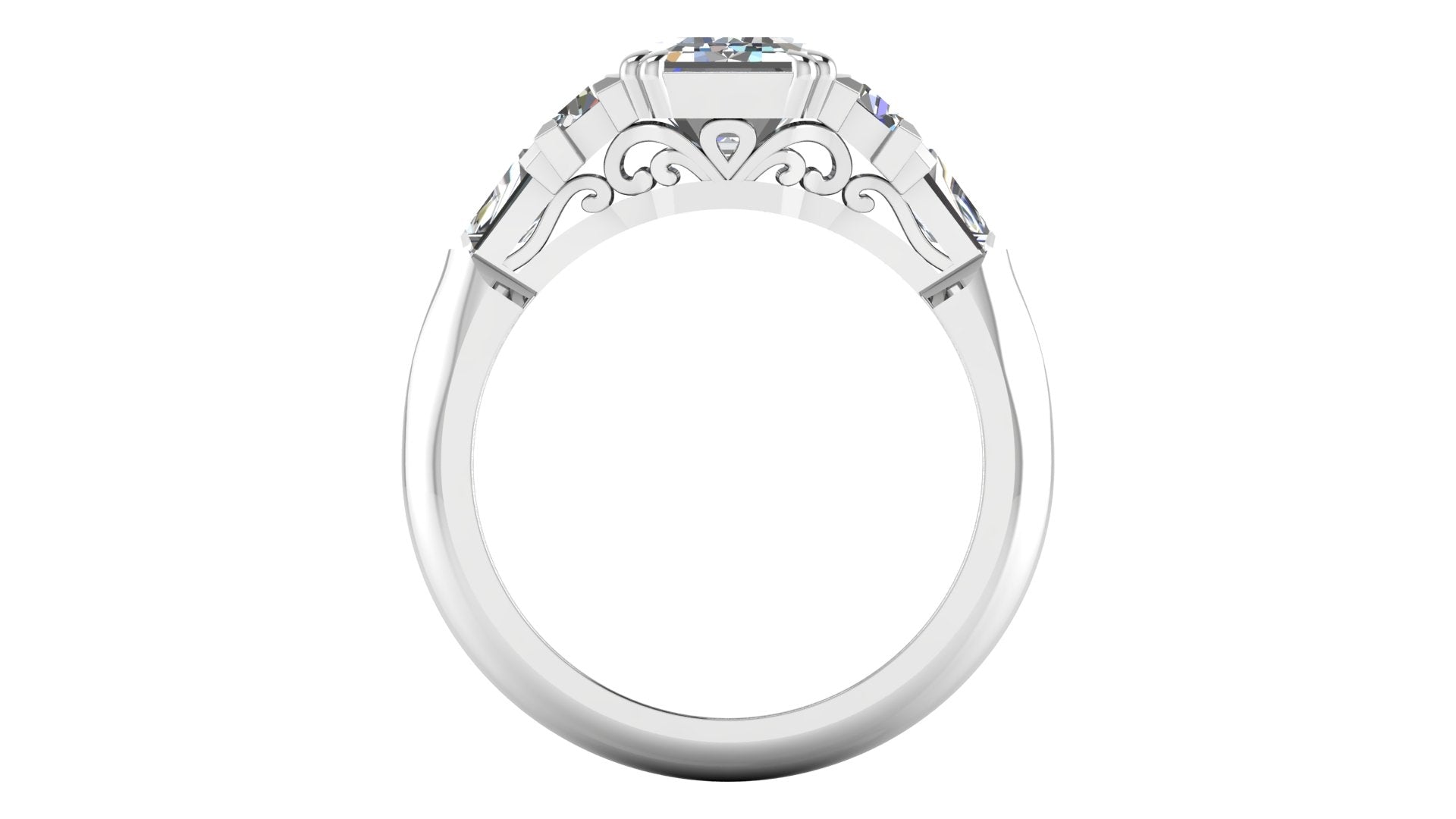 3-Stone Diamond Engagement Ring with Hand-Cut Scroll Gallery by Jolie Designs