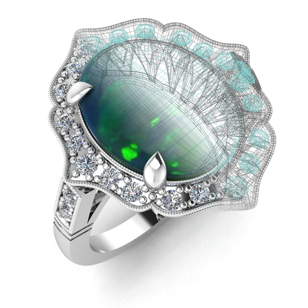 Large Oval Vintage Opal Ring with Diamonds by Jolie Designs