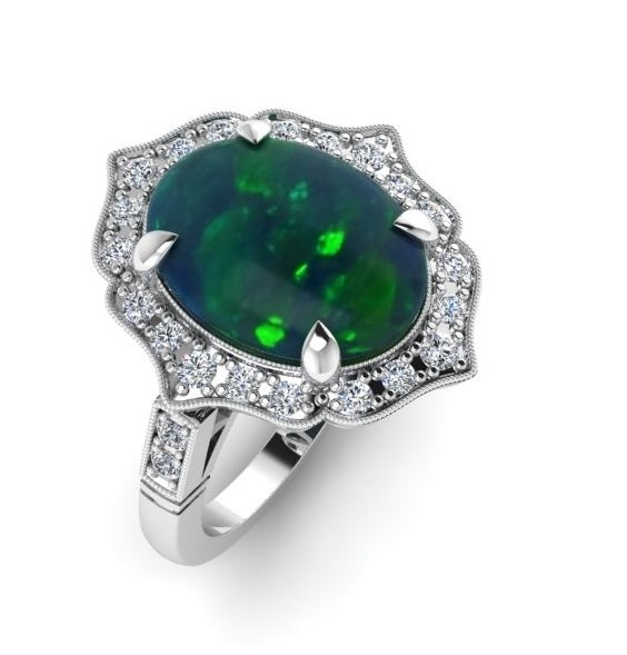 Large Oval Vintage Opal Ring with Diamonds by Jolie Designs