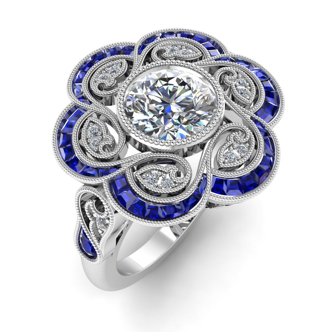 Custom Blue Sapphire and Filigree White Gold Ring by Jolie Designs