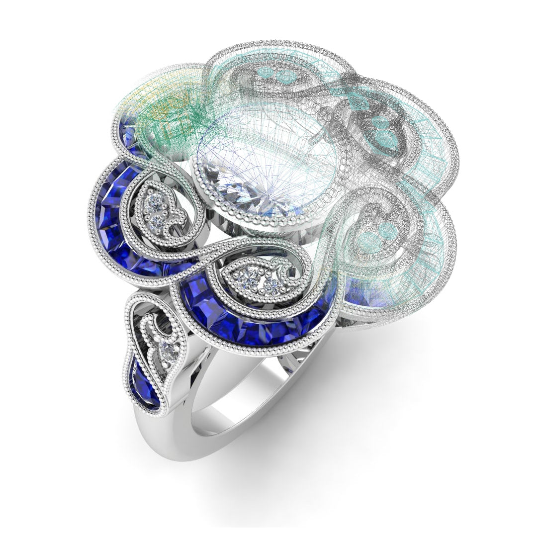 Custom Blue Sapphire and Filigree White Gold Ring by Jolie Designs