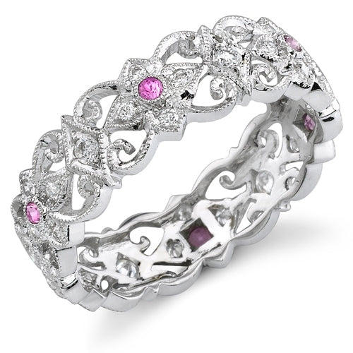 Mill Grained Diamond and Pink Sapphire Stackable Ring by Jolie Designs