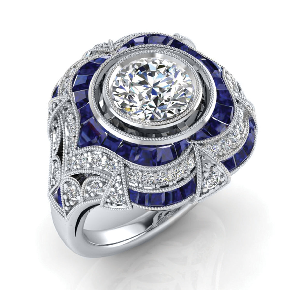 Blue Sapphire and Diamond Custom Cut Engagement Ring Semi Mount by Jolie Designs