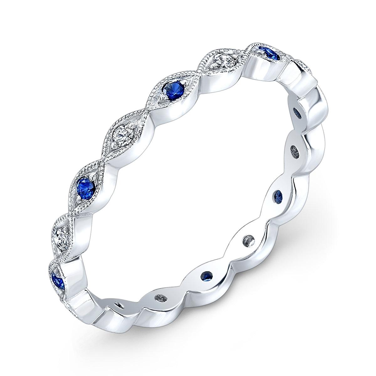 18K White Gold Hexagonal Milgrain Blue Sapphire and Diamond Eternity Stackable Ring | Jolie Designs