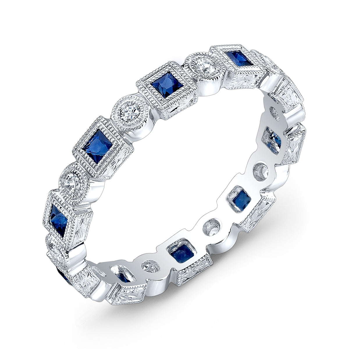 Engraved Bezel Set Square Blue Sapphire and Diamond Ring by Jolie Designs