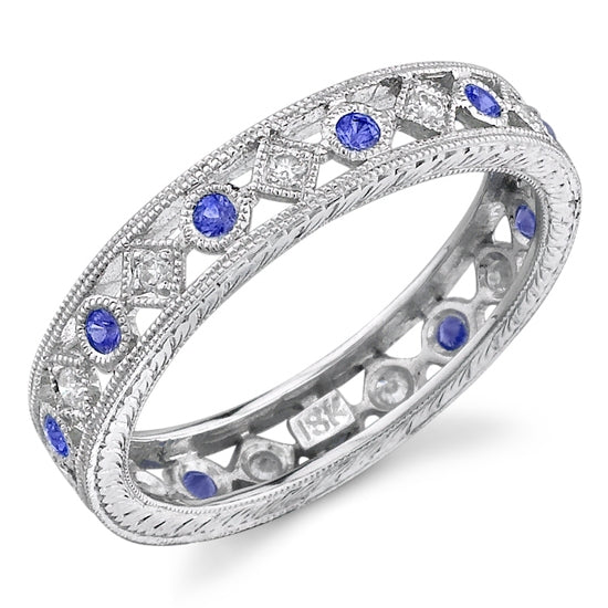 Lace Like Engraved Stackable Ring with Diamonds and Blue Sapphires by Jolie Designs