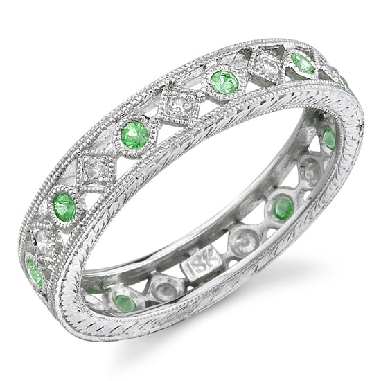 Lace Engraved and Mill Grained Stackable Ring with Diamonds and Tsavorite by Jolie Designs
