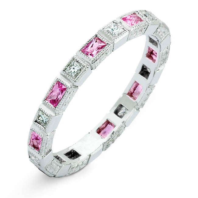 Baguette Pink Sapphire and Princess Cut Diamond Engraved Ring by Jolie Designs