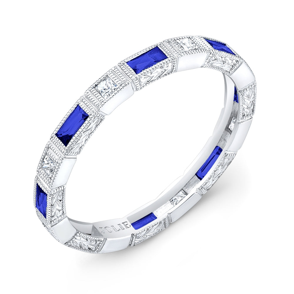 Baguette Blue Sapphire and Princess Cut Diamond Millgrain Ring by Jolie Designs