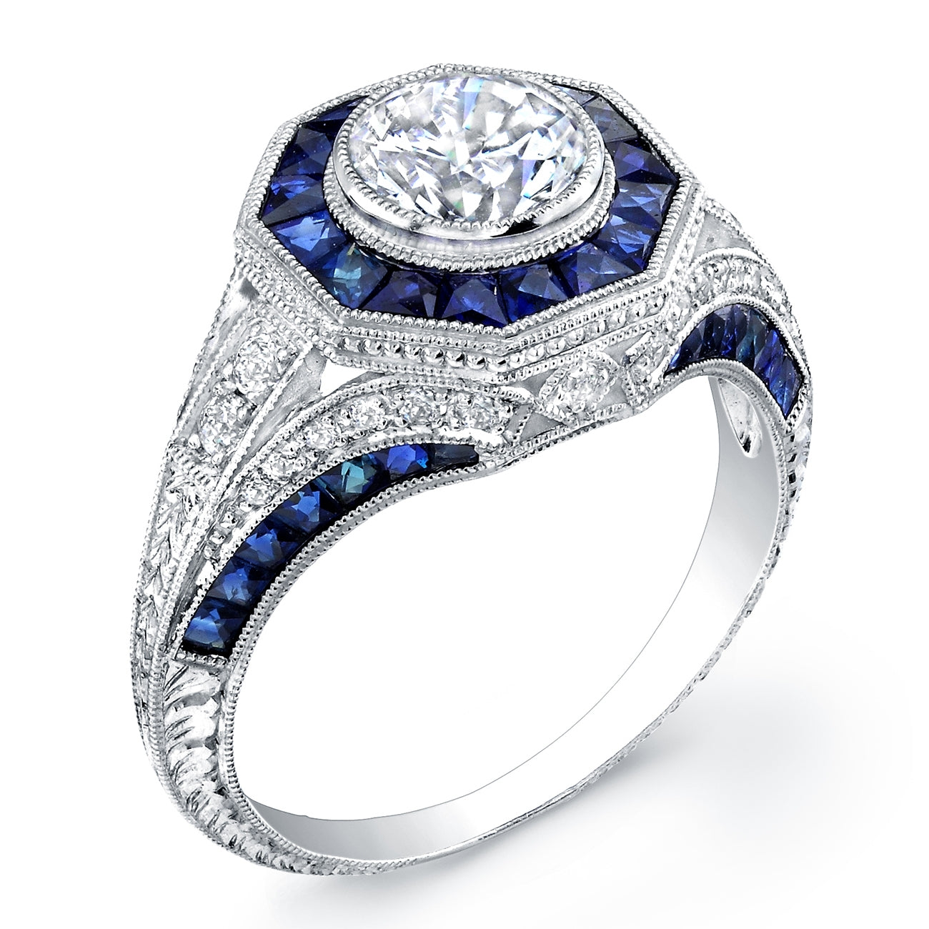 Custom Cut Blue Sapphire and Diamond Engagement Ring Semi-Mount by Jolie Designs