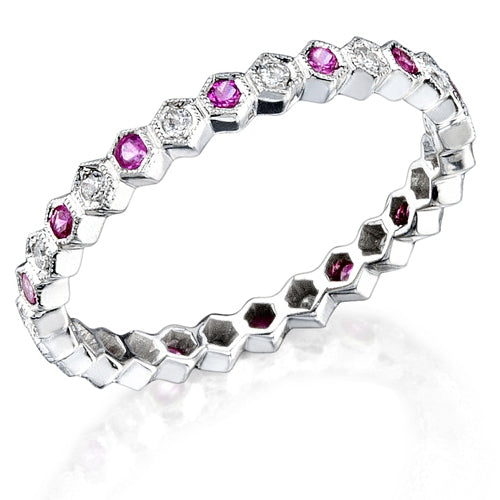 Micro Pave Diamond and Pink Sapphire Mill Grain Stackable Ring by Jolie Designs