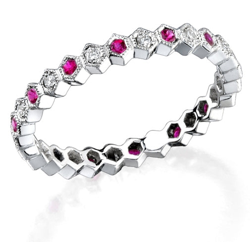 Micro Pave Diamond and Ruby Stackable Millgrain Ring by Jolie Designs