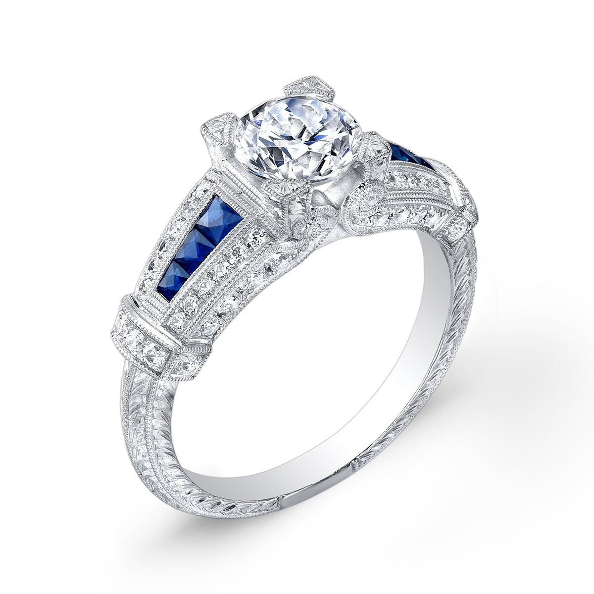 Antique Style Engraved Diamond and Custom Cut Blue Sapphire Engagement Ring by Jolie Designs