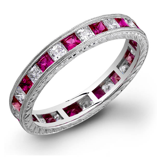 Hand Engraved Princess Cut Pink Sapphire and Diamond Stackable Ring by Jolie Designs