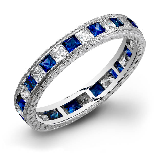 Hand Engraved Princess Cut Blue Sapphire and Diamond Stackable Ring by Jolie Designs