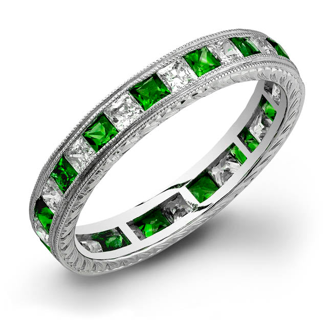 Hand Engraved Princess Cut Tsavorite and Diamond Stackable Ring by Jolie Designs