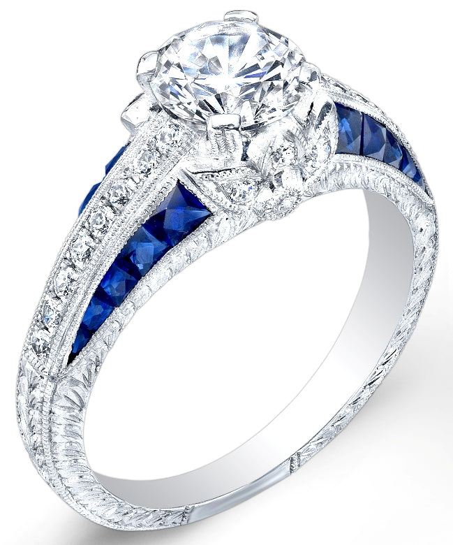 Antique Style Engraved Diamond and Blue Sapphire Ring by Jolie Designs