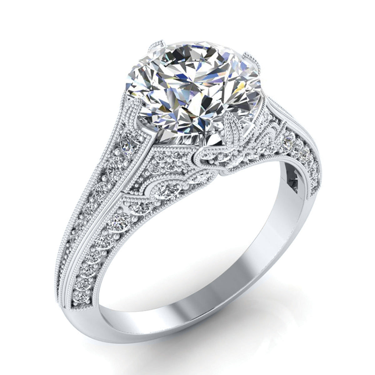 Antique Style Hand Engraved Diamond Engagement Ring by Jolie Designs