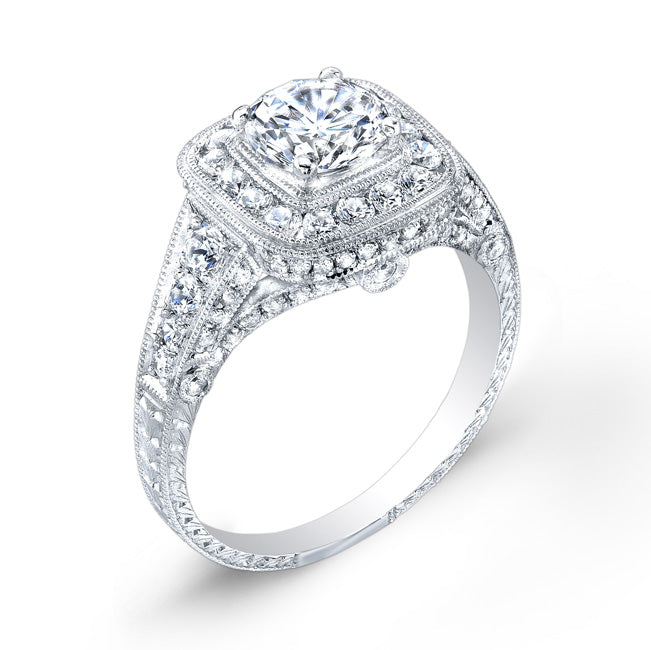 Antique Style Engraved Micro Pave Diamond Engagement Ring by Jolie Designs