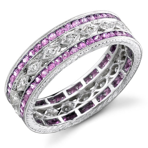 Hand Engraved Diamond and Pink Sapphire Ring by Jolie Designs
