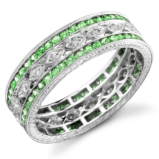 Hand Engraved Diamond and Tsavorite Millgrain Ring by Jolie Designs