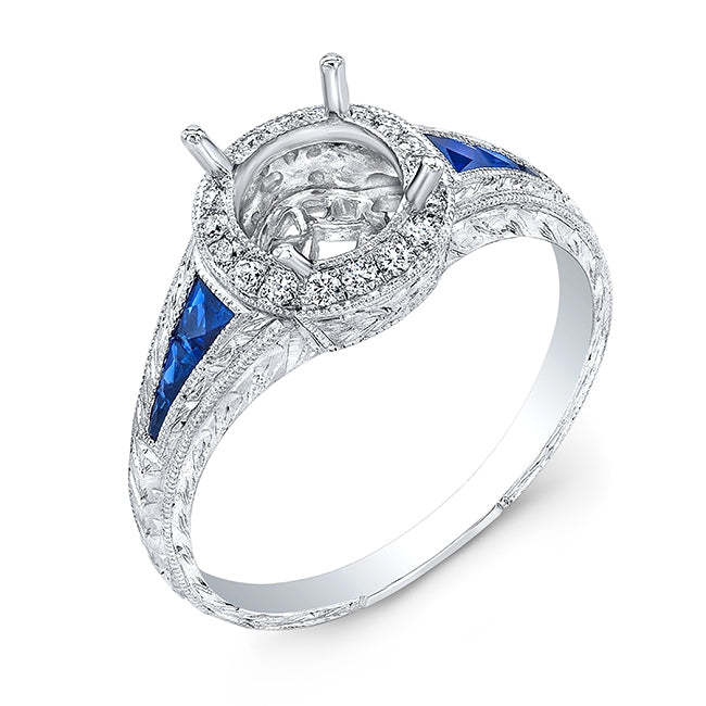 Engraved Antique Style Diamond and Blue Sapphire Halo Engagement Ring by Jolie Designs